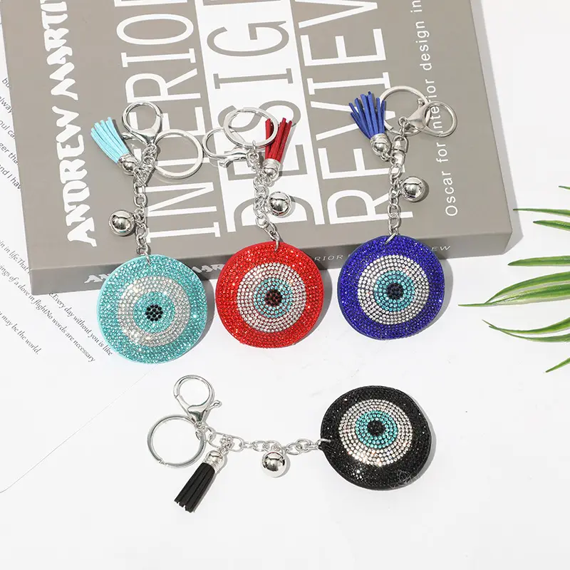 2022 Wholesale Fashion Charm Crystal Rhinestone Fatima Hasma Hand Turkish Big Blue Evil Eyes Keychains