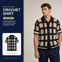 Camisa de Hombre Personalizada, 100% Acrílico, Estilo Vintage, con Cuadrados Granny Square, Diseño Calado, Manga Corta, Cierre de Botones, Ligera y Transpirable