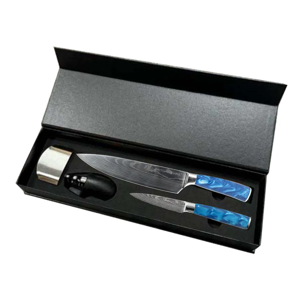 KITCHENCARE, cuchillos de Chef de resina azul personalizados, juego de Messer de acero inoxidable, juego de cuchillos de cocina profesional