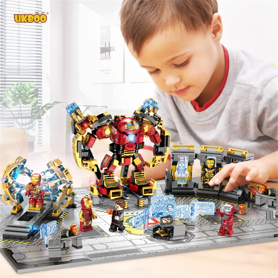 UKBOO Supers Helden Eisen Mann Mech Rüstung Superhelden Figuren Bausteine Legoing lys Marveled Gokuna Heroes Armory Base