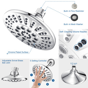 Cabezal de ducha presurizado electrochapado de 5 funciones, rociador superior tipo lluvia de 6 pulgadas para el hogar, hotel, baño - Product Image 3