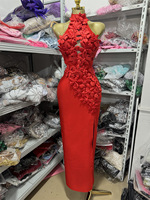 Robe de soirée longue rouge sexy à sept couleurs, nouvelle collection 2026, avec découpes et broderie 3D, style halter, pour femme