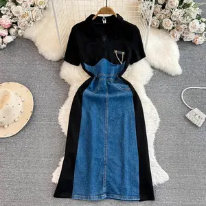 LY1600 New 2024 European Chic Color Block Patchwork Short Sleeve Jeans Dress Spliced A-line Women's Denim Dress