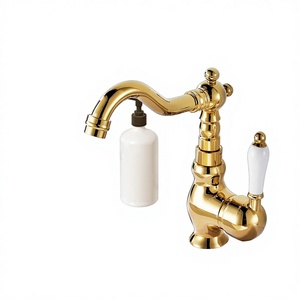 Robinet de lavabo thermostatique en laiton à poignée en céramique dorée, design rétro moderne français, monotrou, à poser sur le plan, pour salle de bain contemporaine, modèle 5 - Product Image 3