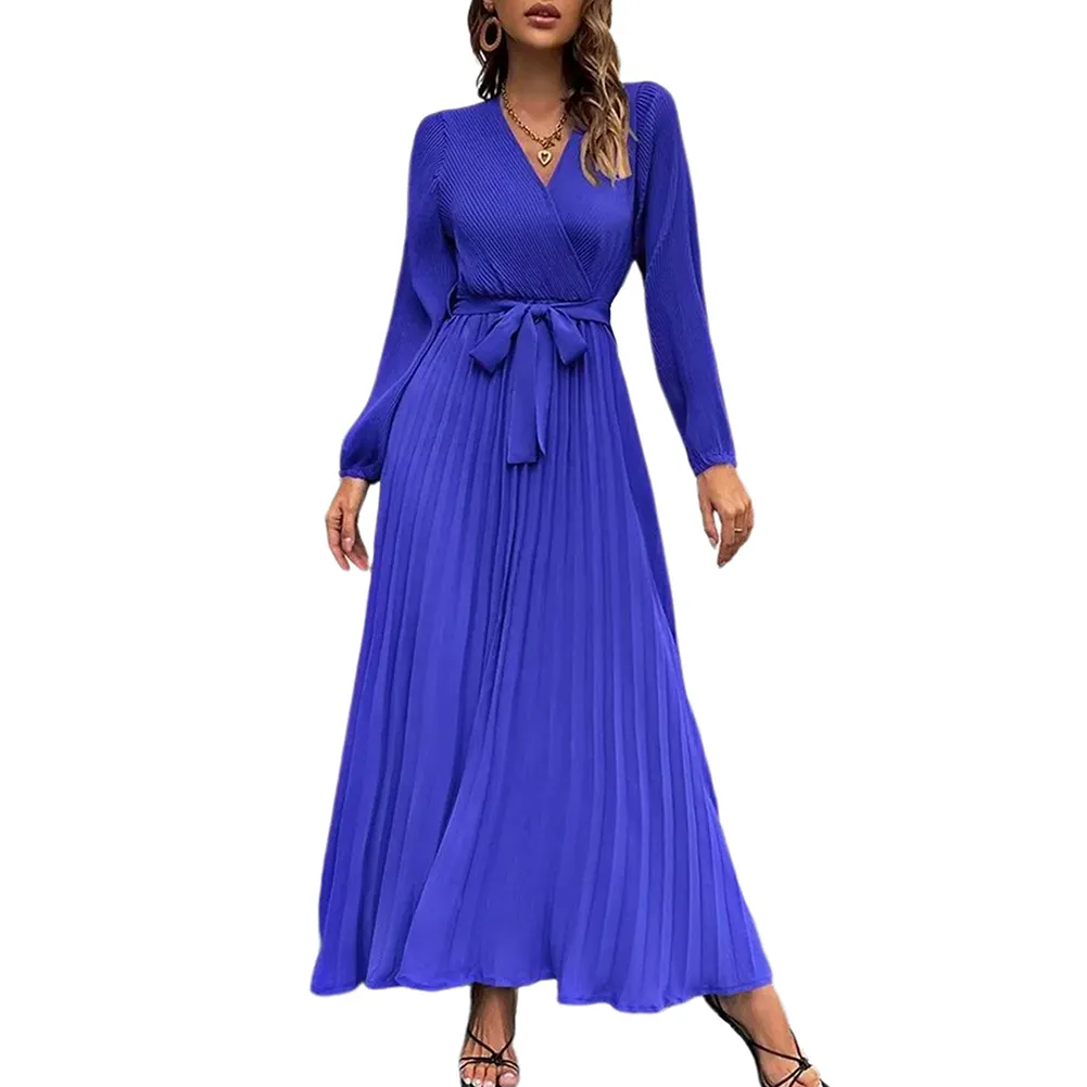 Latest Design Ladies Elegant Dress Royal Blue Long Sleeve Modest Pleated Maxi Dresses