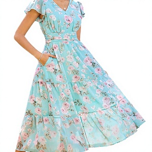 Women's Floral Print Maxi <b>Dress</b> V-Neck Cap <b>Sleeve</b> A-Line Boho Loose Chiffon <b>Summer</b>/Spring Breathable Casual <b>Dress</b> For Women's - Product Image 2