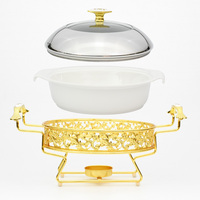 Plat de service rond en céramique de luxe doré 11/13 pouces pour mariage, hôtel, buffet, chauffe-plats avec réchaud