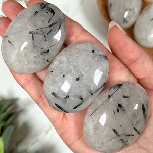 Wholesale Natural Reiki Healing Home Decorative <b>Black</b> Rutilated Tourmaline Quartz Crystal Palm Stone - Product Image 1