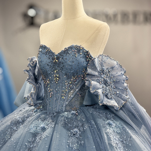 Robe de Quinceañera de luxe Lsbb61 bleu poussière, avec appliques florales perlées, en tulle scintillant, coupe princesse, Jancember - Product Image 2