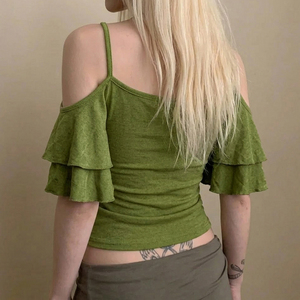 Nueva Llegada, Camiseta Y2K Verde sin Tirantes, Hombros Descubiertos, Tejido Sólido, Corte Regular, Manga Corta, Ropa Urbana de Verano - Product Image 3