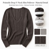 Pull-over en maille pour femme, col en V profond, coupe ajustée, en nylon et coton, personnalisé OEM, vente en gros, faible MOQ, échantillon en vrac