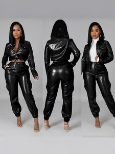 Pantaloni Casual donna autunno europeo e americano giacca <span class=keywords><strong>in</strong></span> <span class=keywords><strong>pelle</strong></span> sintetica completo stile solido Skinny Fit Multi-tasca - Product Image 3