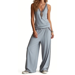 ชุดลำลองแขนกุดคอวีสำหรับผู้หญิง - ชุดลำลอง 2 ชิ้นแบบลำลองแต่งขอบตัดกันแฟชั่น - Product Image 6