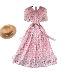 Vestido Maxi Casual de Gasa con Cuello Redondo para Oficina de Verano para Mujer, con Cinturón en la Cintura Imperio, Transpirable y Lavable - Product Image 1