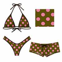 Conjunto de Bikini Ecológico para Mujer con Diseño de Puntos Personalizado, Ribete en Contraste y Pantalones Cortos de Cintura Baja