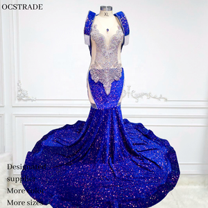 فستان سهرة فاخر مصنوع يدويًا من الفضة والترتر، مقاس كبير، أنيق للحفلات الراقية، باللون الأزرق الملكي، مثير وطويل - Product Image 1