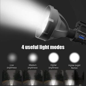 Lampe torche LED de recherche à grande tête, super lumineuse, rechargeable par USB, étanche, haute puissance, pour extérieur et urgence, vente en gros - Product Image 4