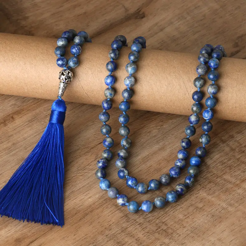 8mm Lapis Lazuli Colares Yoga Meditação Handmade Gemstone Natural Frisada Japamala Colar para Mulheres Homens