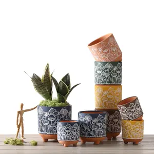 Kırmızı çömlek kil mantar petal doku oyma renk sırlı sevimli antik seramik succulents Drainag ile çiçek saksısı Pot Set