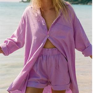 Chemise décontractée de haute qualité sur mesure, chemise à manches longues à boutons et à col rabattu, chemise ample en lin pour femmes - Product Image 6