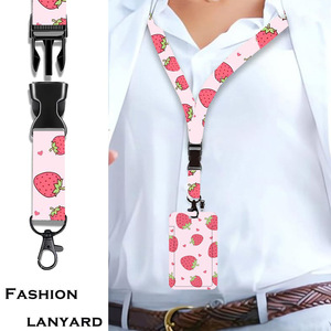 heat transfer strawberry lanyard strap, retractable and easy-pull <b>ID</b> card <b>holder</b>, pink name tag strap - Product Image 2