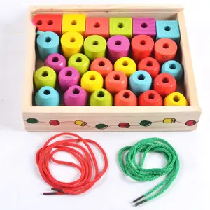 Wooden Beads Toys Stringing Block Toy Threading Block Colorful Children's Educational Toy Wooden Threading Rope Building Blocks