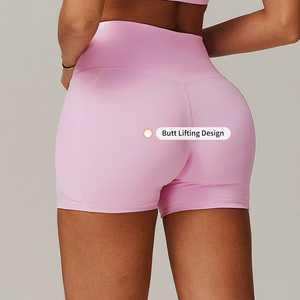 Shorts de yoga taille haute pour <span class=keywords><strong>femme</strong></span>, sensation seconde peau, couleur unie, séchage rapide, pour entraînement, course et gym, avec poche, qualité supérieure personnalisée - Product Image 6