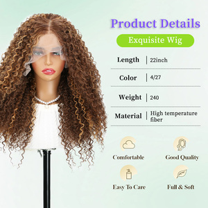 Perruque Goddess Bouncy Curl pour femmes noires, 22 pouces, couleur 13*6, perruque synthétique à dentelle frontale haute densité, bouclée Jerry avec mèches - Product Image 2
