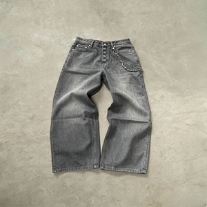 Straight Leg Stonewashed Denim Jeans Men High <b>Waist</b> Loose Fit <b>Chain</b> Decoration Streetwear Style Autumn Wear - Product Image 1