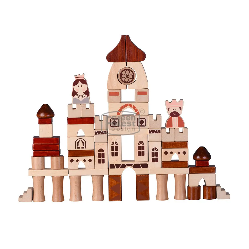 Castillo Medieval de madera de haya para niños, juguetes educativos para bloques de Ciudad de madera Natural, 62 Uds.