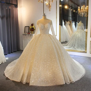 LY-WD1031 Abiti da <span class=keywords><strong>Sposa</strong></span> a Palloncino di Lusso per Spose, con Pizzo Glitterato, Maniche Lunghe Lucide, Personalizzabili e Taglie Forti - Product Image 5