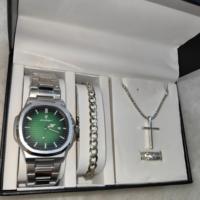 Reloj de Cuarzo Empresarial de Acero Inoxidable Plateado de Lujo Poedagar 613 con Collar, Anillo y Pulsera, Juego de 4 Piezas para Regalos del Día del Padre