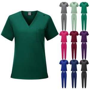 Women Hospital Scrub Set Short Sleeve V Neck Top Pants Moisture Wicking Uniform Workwear Split Set For Medical Use - Product Image 1
