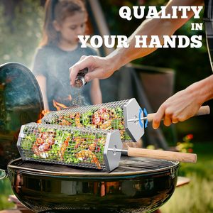 Rollender Grillkorb mit Abnehmbarem Holzgriff, 304 Edelstahl, Polierte Oberfläche, Stapelbares Design für Smoker, BBQ und Outdoor-Kochen - Product Image 2