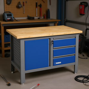 Kit de montaje de banco de trabajo Fervi con superficie de madera y cajones de almacenamiento azules para uso en taller - Product Image 1