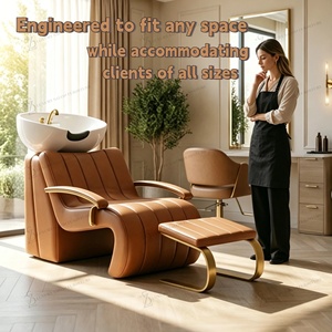 Fauteuil de lavage de luxe incurvé pour salon, station de lavage de cheveux en cuir PU avec cuvette en céramique, lit de lavage pour salon de coiffure - Product Image 2