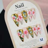 Ongles Stiletto Rose et Blanc 10 Pièces Faits Main Fleurs 3D Perles Dorées Effet Œil de Chat Paillettes Ongles à Presser Prix de Gros