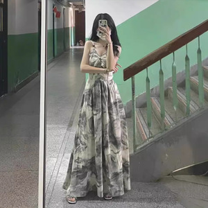 Traditional Chinese Style Women's Dress Ink Painting Design Backless Waist Cinching Party Wear 2025 New Style - Product Image 1