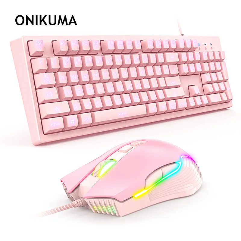 UNIKUMA 게이밍 키보드 및 마우스 콤보 기계식 유선 게이머 게임 사무실 홈 키보드 마우스 세트 핑크 색상