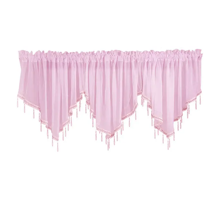 Modern Triangular With Beads Pink Lace Rod Pocket Valance Curtain For Kitchen Window Decor