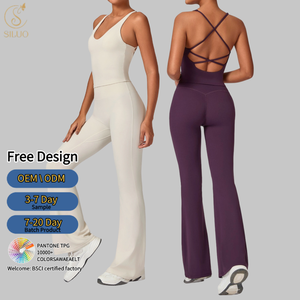 Set Yoga Casual Elasticizzato da Donna: Pantaloni a Gamba Larga Traspiranti Effetto Push-Up e Reggiseno Sportivo Incrociato sul Retro - Ropa Deportiva Mujer - Product Image 2