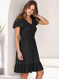 Vestido Casual de Verano para <span class=keywords><strong>Mujer</strong></span>, Color Sólido, Cuello en V, Manga Corta con Volantes, Estilo Fluido, Largo hasta la Rodilla, con Bolsillos, Elegante y Sencillo - Product Image 3