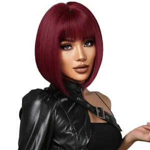 Wig rambut lurus pendek sintetis populer Eropa Wig Bob serat suhu tinggi dengan poni Wig Cosplay pendek merah