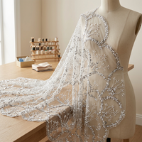 Tissu en maille transparente brodé de sequins et de perles, motif feuille, pour robe de mariée, sari, prêt-à-porter