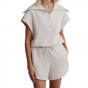 Ensemble 2 pièces tricoté pour femme, col marin, fermeture éclair, coupe ample, couleur unie, décontracté, printemps-été, usage quotidien - Product Image 1
