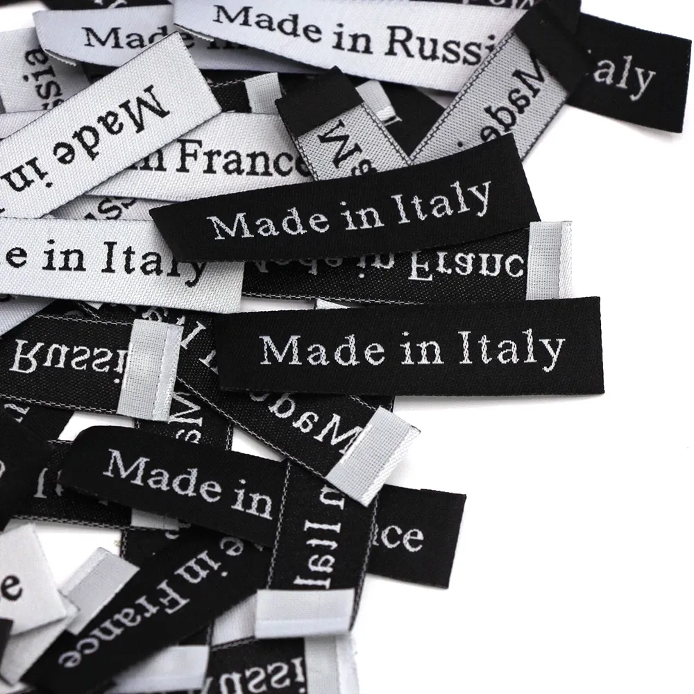 Made In Italy France Russia Woven Clothing Labels Handmade Tags Black White Cotton Main Label For Hats Bags Decoration