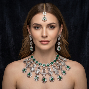 ชุดสร้อยคอและต่างหูเจ้าสาวหรูหรา ชุบทองเหลืองโรเดียม ประดับเพชร CZ สีเขียวมรกต รูปทรงเรขาคณิต สำหรับผู้หญิงในงานแต่งงาน - Product Image 3