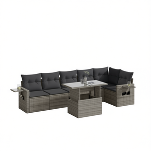 Ensemble de canapés de jardin en rotin gris, structure en acier, verre trempé, mobilier d'extérieur, 6 places, design contemporain - Product Image 1