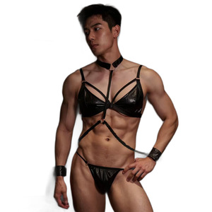 Crossdressing Men's Patent Leather Three-Piece Bikini Lingerie Set, Sexy and Restrained Style, Flirting Male Servant Uniform - Product Image 5