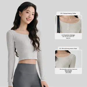 Top Yoga Aderente e Modellante da Donna, Maglia Sportiva a Maniche Lunghe Monocolore per Yoga, Corsa, Palestra, Fitness, Allenamento e Uso Quotidiano - Product Image 2